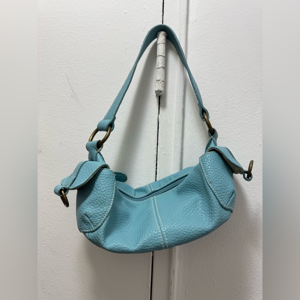 Y2K Nine & Co Pebbled Leather Robin Blue mini shoulder baguette cargo pocket bag
